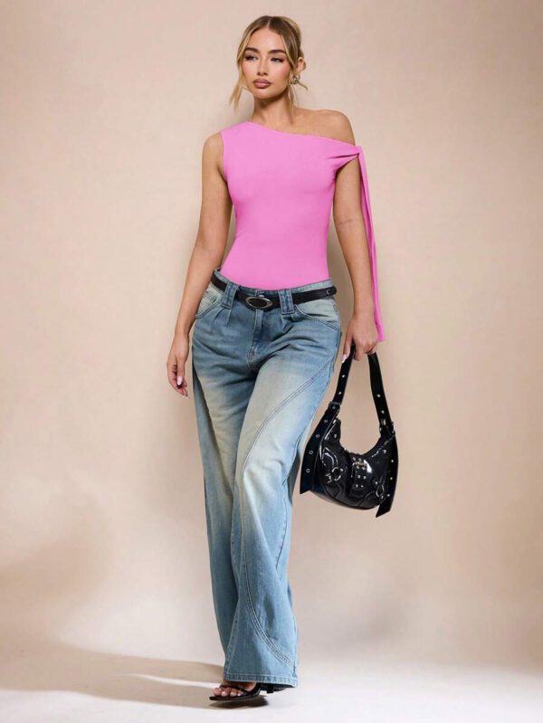 SHEIN BAE Body sans manche à col asymétrique avec détail torsadé, couleur unie, pour femme, pour loisirs ou vacances, couleur abricot – Image 46