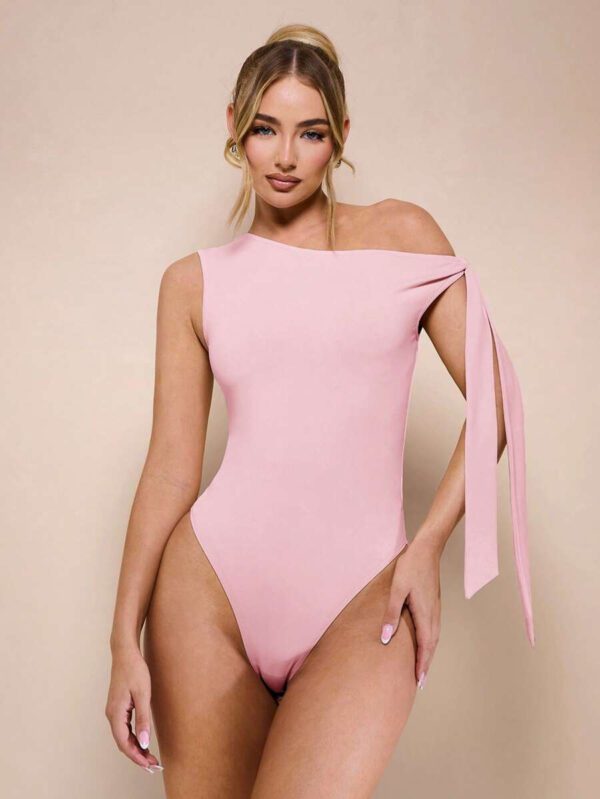 SHEIN BAE Body sans manche à col asymétrique avec détail torsadé, couleur unie, pour femme, pour loisirs ou vacances, couleur abricot – Image 50