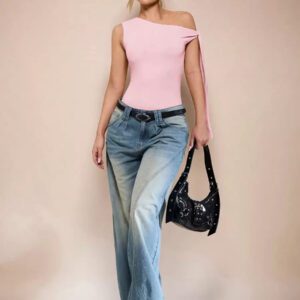 SHEIN BAE Body sans manche à col asymétrique avec détail torsadé, couleur unie, pour femme, pour loisirs ou vacances, couleur abricot