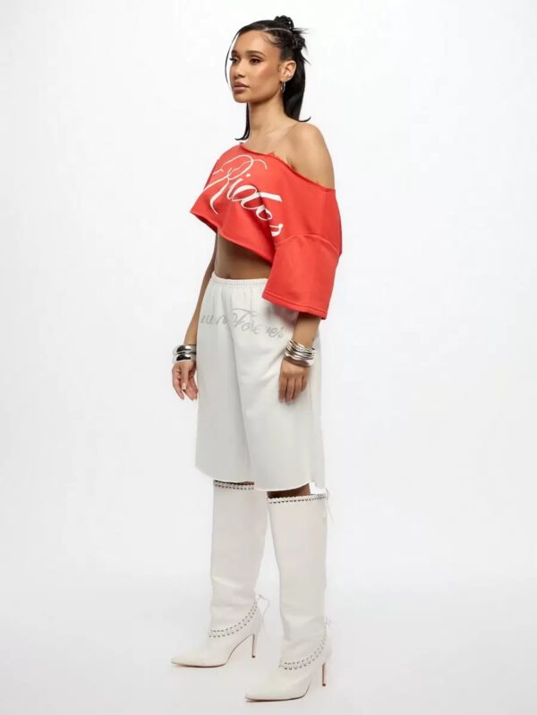 SUMWON WOMEN Top court style épaules dénudées avec logo calligraphié, tenue casual d'été pour festival, week-end, soirée, style urbain – Image 27