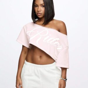 SUMWON WOMEN Top court style épaules dénudées avec logo calligraphié, tenue casual d'été pour festival, week-end, soirée, style urbain