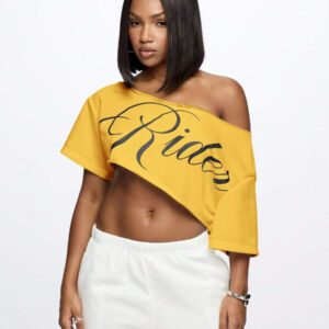 SUMWON WOMEN Top court style épaules dénudées avec logo calligraphié, tenue casual d'été pour festival, week-end, soirée, style urbain