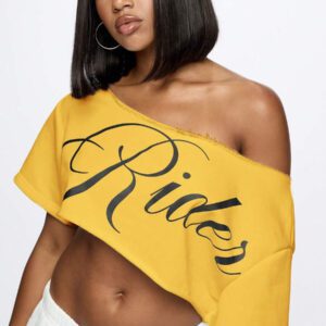SUMWON WOMEN Top court style épaules dénudées avec logo calligraphié, tenue casual d'été pour festival, week-end, soirée, style urbain