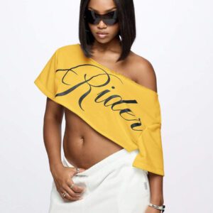 SUMWON WOMEN Top court style épaules dénudées avec logo calligraphié, tenue casual d'été pour festival, week-end, soirée, style urbain