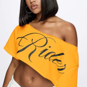 SUMWON WOMEN Top court style épaules dénudées avec logo calligraphié, tenue casual d'été pour festival, week-end, soirée, style urbain