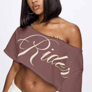 SUMWON WOMEN Top court style épaules dénudées avec logo calligraphié, tenue casual d'été pour festival, week-end, soirée, style urbain