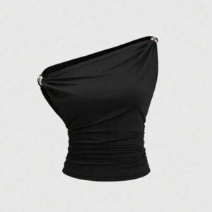 SHEIN Tall Nouveau top casual, sexy et réversible pour grandes filles, avec plissé carré asymétrique noir, décor de bouton doré, pour le printemps/l'été