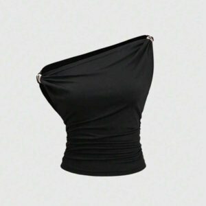 SHEIN Tall Nouveau top casual, sexy et réversible pour grandes filles, avec plissé carré asymétrique noir, décor de bouton doré, pour le printemps/l'été