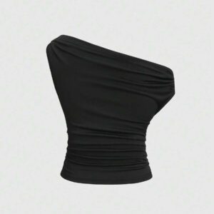 SHEIN Tall Nouveau top casual, sexy et réversible pour grandes filles, avec plissé carré asymétrique noir, décor de bouton doré, pour le printemps/l'été