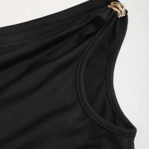 SHEIN Tall Nouveau top casual, sexy et réversible pour grandes filles, avec plissé carré asymétrique noir, décor de bouton doré, pour le printemps/l'été