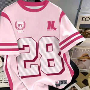SHEIN T-shirt Femme Style Collège Sports Style Lettre Combinée Numérique Rétro Pois Sens de la Rue Décontracté