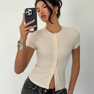 Siren Gaze Tee-shirt femme à fermeture boutonnée devant de couleur unie, hauts décontractés pour l'extérieur