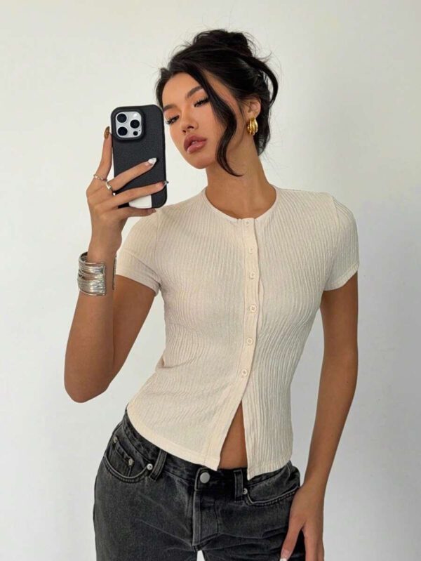 Siren Gaze Tee-shirt femme à fermeture boutonnée devant de couleur unie, hauts décontractés pour l'extérieur – Image 4