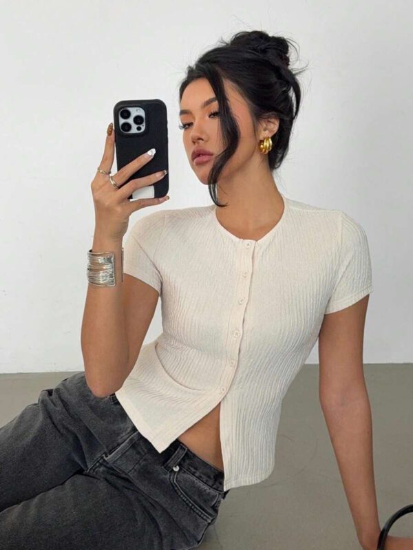 Siren Gaze Tee-shirt femme à fermeture boutonnée devant de couleur unie, hauts décontractés pour l'extérieur – Image 5
