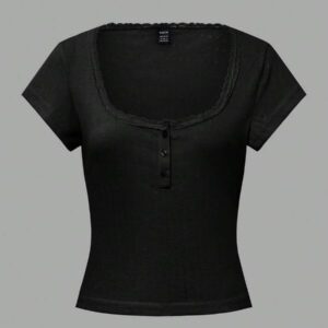 Zielony T-shirt femme à manches courtes avec bordure en dentelle, coupe ajustée élégante avec détail de 3 boutons, Top casual, nouvelles arrivages pour l'été