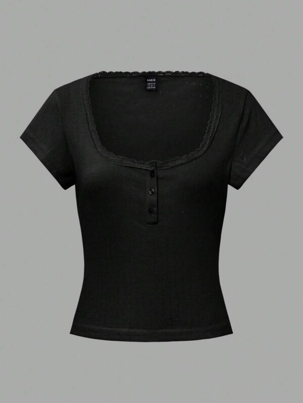 Zielony T-shirt femme à manches courtes avec bordure en dentelle, coupe ajustée élégante avec détail de 3 boutons, Top casual, nouvelles arrivages pour l'été – Image 7