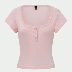Zielony T-shirt femme à manches courtes avec bordure en dentelle, coupe ajustée élégante avec détail de 3 boutons, Top casual, nouvelles arrivages pour l'été