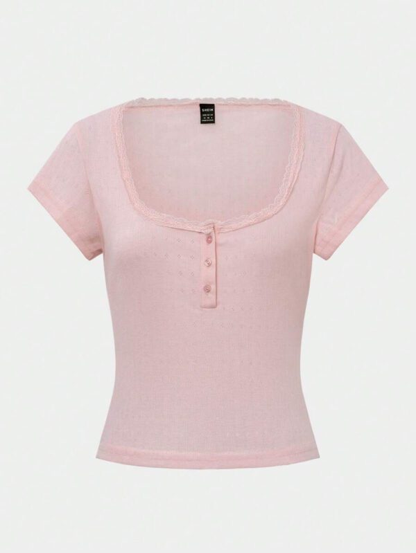 Zielony T-shirt femme à manches courtes avec bordure en dentelle, coupe ajustée élégante avec détail de 3 boutons, Top casual, nouvelles arrivages pour l'été – Image 14