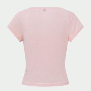 Zielony T-shirt femme à manches courtes avec bordure en dentelle, coupe ajustée élégante avec détail de 3 boutons, Top casual, nouvelles arrivages pour l'été