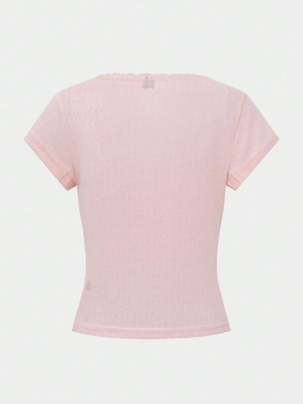 Zielony T-shirt femme à manches courtes avec bordure en dentelle, coupe ajustée élégante avec détail de 3 boutons, Top casual, nouvelles arrivages pour l'été – Image 15
