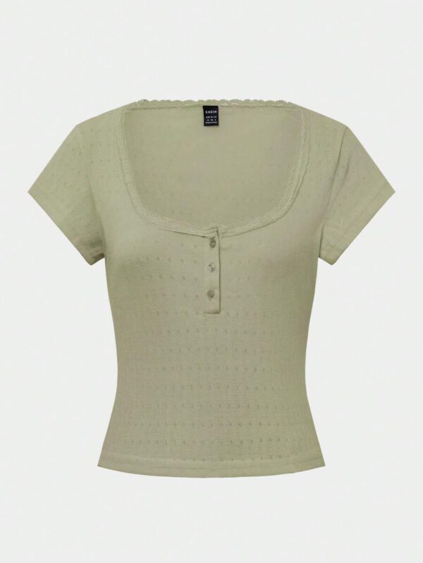 Zielony T-shirt femme à manches courtes avec bordure en dentelle, coupe ajustée élégante avec détail de 3 boutons, Top casual, nouvelles arrivages pour l'été – Image 22