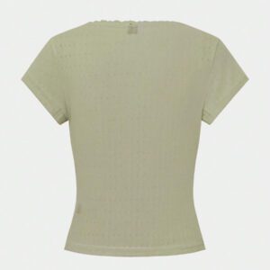 Zielony T-shirt femme à manches courtes avec bordure en dentelle, coupe ajustée élégante avec détail de 3 boutons, Top casual, nouvelles arrivages pour l'été