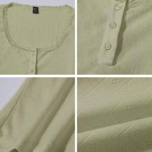 Zielony T-shirt femme à manches courtes avec bordure en dentelle, coupe ajustée élégante avec détail de 3 boutons, Top casual, nouvelles arrivages pour l'été