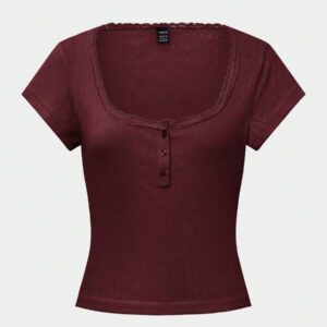 Zielony T-shirt femme à manches courtes avec bordure en dentelle, coupe ajustée élégante avec détail de 3 boutons, Top casual, nouvelles arrivages pour l'été