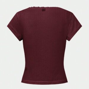 Zielony T-shirt femme à manches courtes avec bordure en dentelle, coupe ajustée élégante avec détail de 3 boutons, Top casual, nouvelles arrivages pour l'été