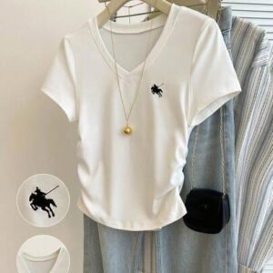 INAWLY T-shirt à manches courtes d'été à col en V ajusté style coréen avec design brodé