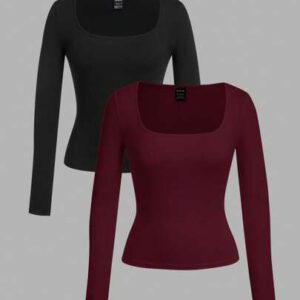 SHEIN EZwear 2 pièces/set T-shirt décontracté à manches longues et col carré moulant pour femme, adapté pour l'été