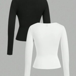 SHEIN EZwear 2 pièces/set T-shirt décontracté à manches longues et col carré moulant pour femme, adapté pour l'été