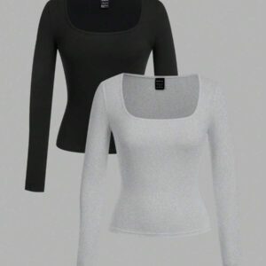 SHEIN EZwear 2 pièces/set T-shirt décontracté à manches longues et col carré moulant pour femme, adapté pour l'été