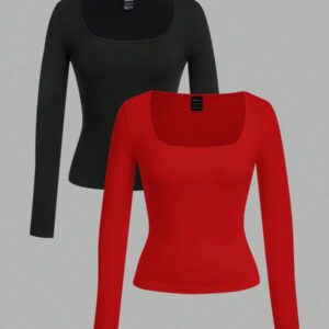 SHEIN EZwear 2 pièces/set T-shirt décontracté à manches longues et col carré moulant pour femme, adapté pour l'été