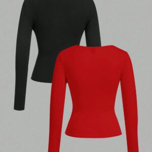 SHEIN EZwear 2 pièces/set T-shirt décontracté à manches longues et col carré moulant pour femme, adapté pour l'été