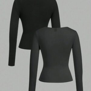 SHEIN EZwear 2 pièces/set T-shirt décontracté à manches longues et col carré moulant pour femme, adapté pour l'été