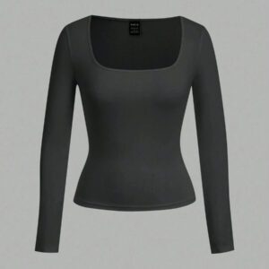 SHEIN EZwear 2 pièces/set T-shirt décontracté à manches longues et col carré moulant pour femme, adapté pour l'été