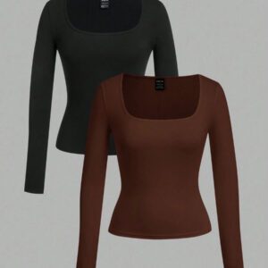 SHEIN EZwear 2 pièces/set T-shirt décontracté à manches longues et col carré moulant pour femme, adapté pour l'été