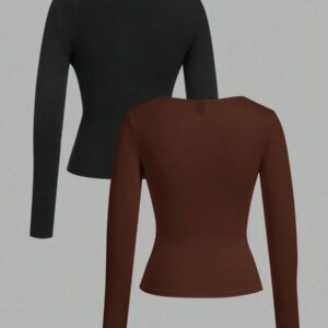 SHEIN EZwear 2 pièces/set T-shirt décontracté à manches longues et col carré moulant pour femme, adapté pour l'été