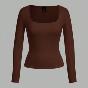 SHEIN EZwear 2 pièces/set T-shirt décontracté à manches longues et col carré moulant pour femme, adapté pour l'été
