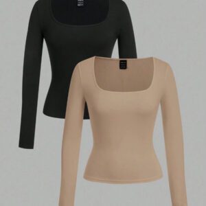 SHEIN EZwear 2 pièces/set T-shirt décontracté à manches longues et col carré moulant pour femme, adapté pour l'été