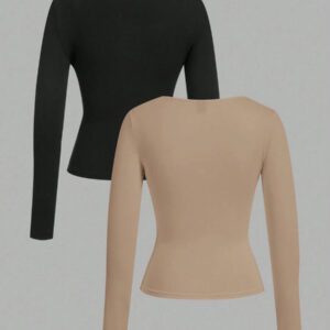 SHEIN EZwear 2 pièces/set T-shirt décontracté à manches longues et col carré moulant pour femme, adapté pour l'été
