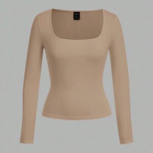 SHEIN EZwear 2 pièces/set T-shirt décontracté à manches longues et col carré moulant pour femme, adapté pour l'été