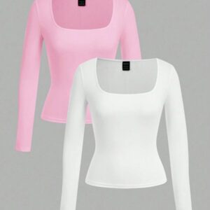SHEIN EZwear 2 pièces/set T-shirt décontracté à manches longues et col carré moulant pour femme, adapté pour l'été