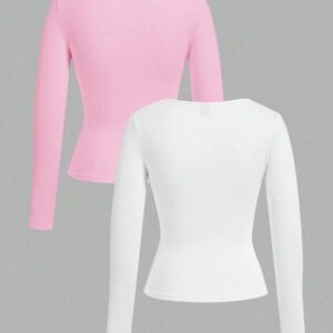 SHEIN EZwear 2 pièces/set T-shirt décontracté à manches longues et col carré moulant pour femme, adapté pour l'été