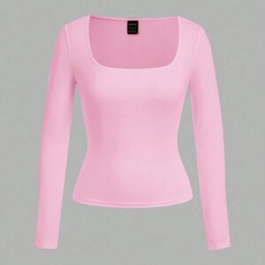 SHEIN EZwear 2 pièces/set T-shirt décontracté à manches longues et col carré moulant pour femme, adapté pour l'été