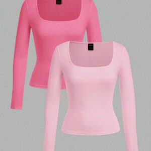 SHEIN EZwear 2 pièces/set T-shirt décontracté à manches longues et col carré moulant pour femme, adapté pour l'été