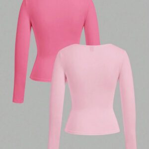 SHEIN EZwear 2 pièces/set T-shirt décontracté à manches longues et col carré moulant pour femme, adapté pour l'été