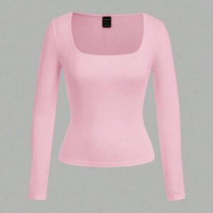 SHEIN EZwear 2 pièces/set T-shirt décontracté à manches longues et col carré moulant pour femme, adapté pour l'été