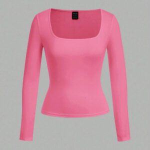 SHEIN EZwear 2 pièces/set T-shirt décontracté à manches longues et col carré moulant pour femme, adapté pour l'été